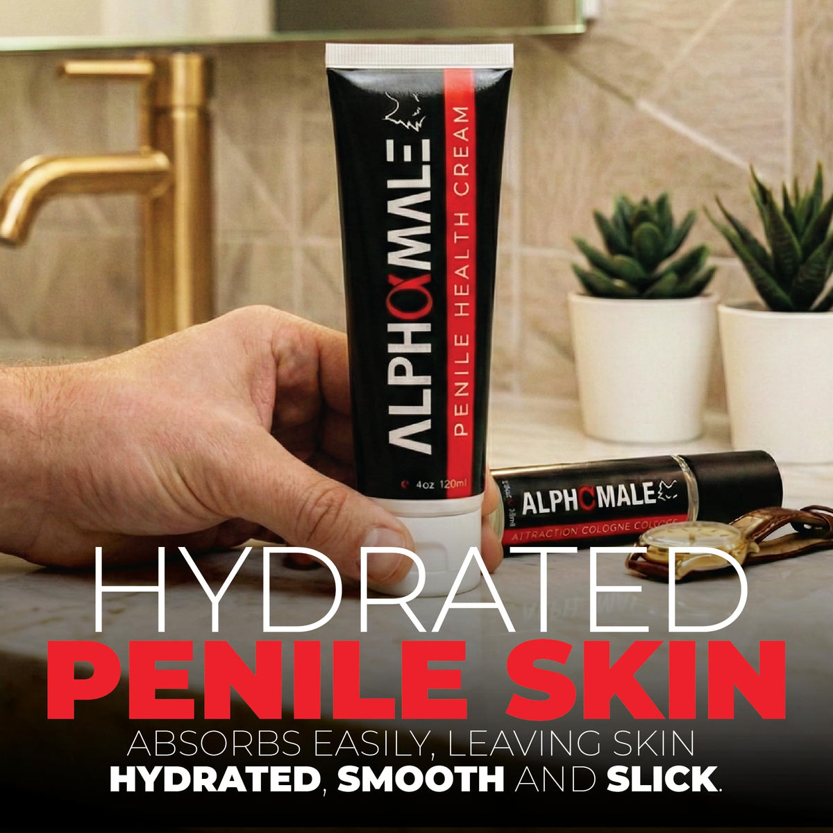 AlphaMale cream texture swipe on skin showing fast absorption and smooth feel