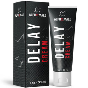 AlphaMale front packaging showing 1oz tube and clear branding, promotes discreet use