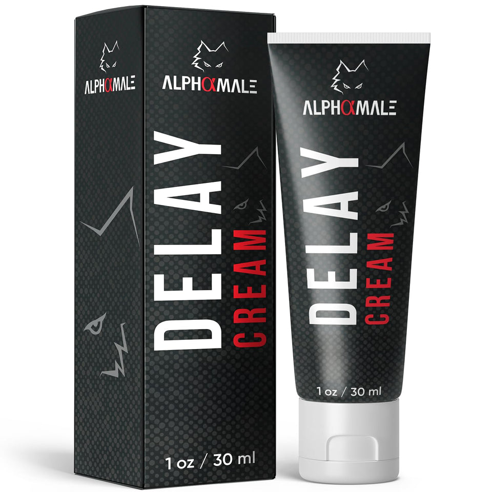 AlphaMale front packaging showing 1oz tube and clear branding, promotes discreet use