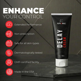 AlphaMale label and ingredients panel showing 7.5% benzocaine, ensures ingredient transparency