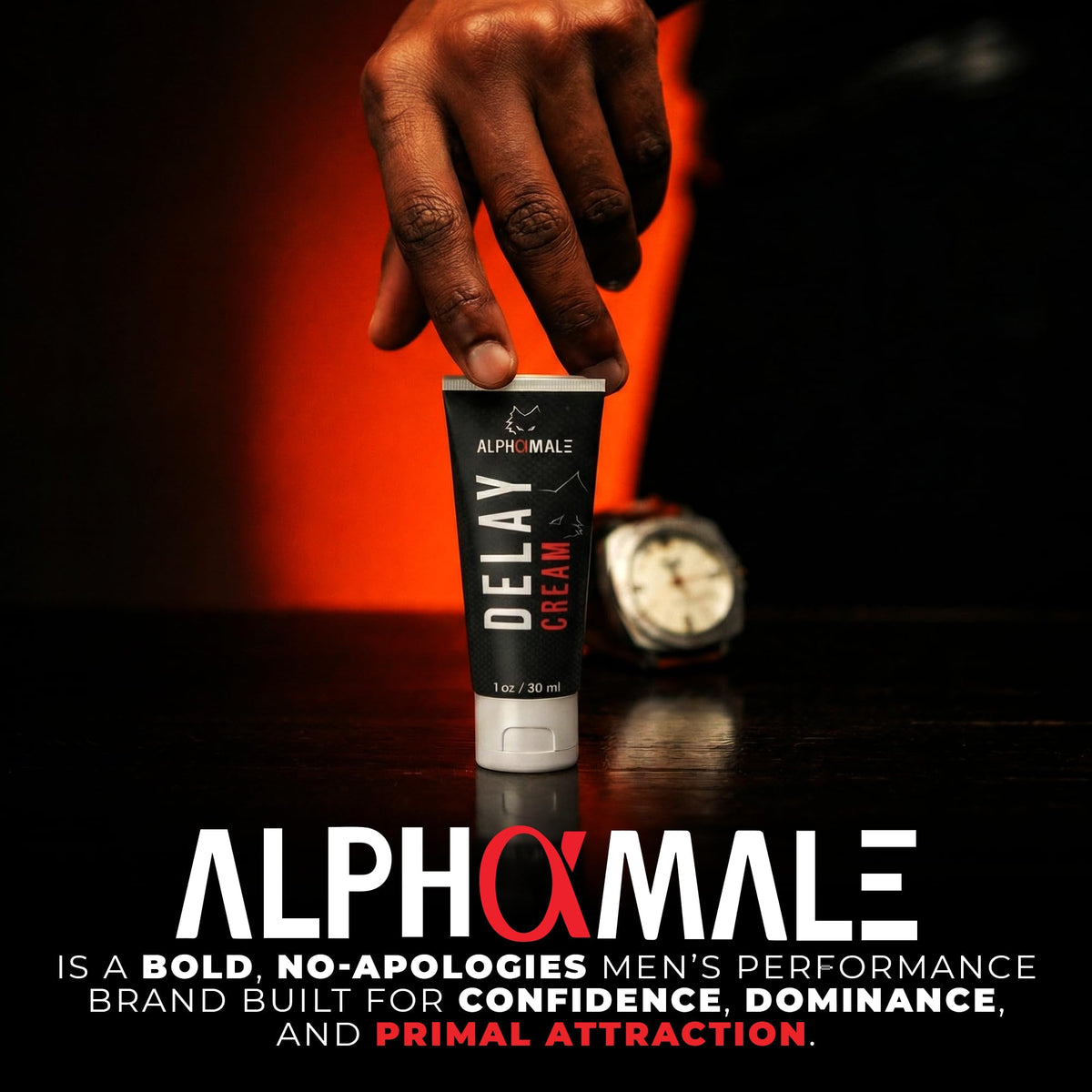 AlphaMale tube on nightstand in bedroom setting, suggests discreet storage and use