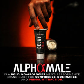 AlphaMale tube on nightstand in bedroom setting, suggests discreet storage and use