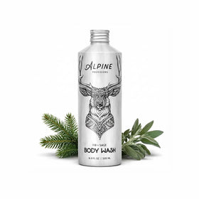 Alpine Provisions front bottle showing fir and sage scent and recyclable benefit