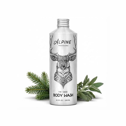 Alpine Provisions front bottle showing fir and sage scent and recyclable benefit
