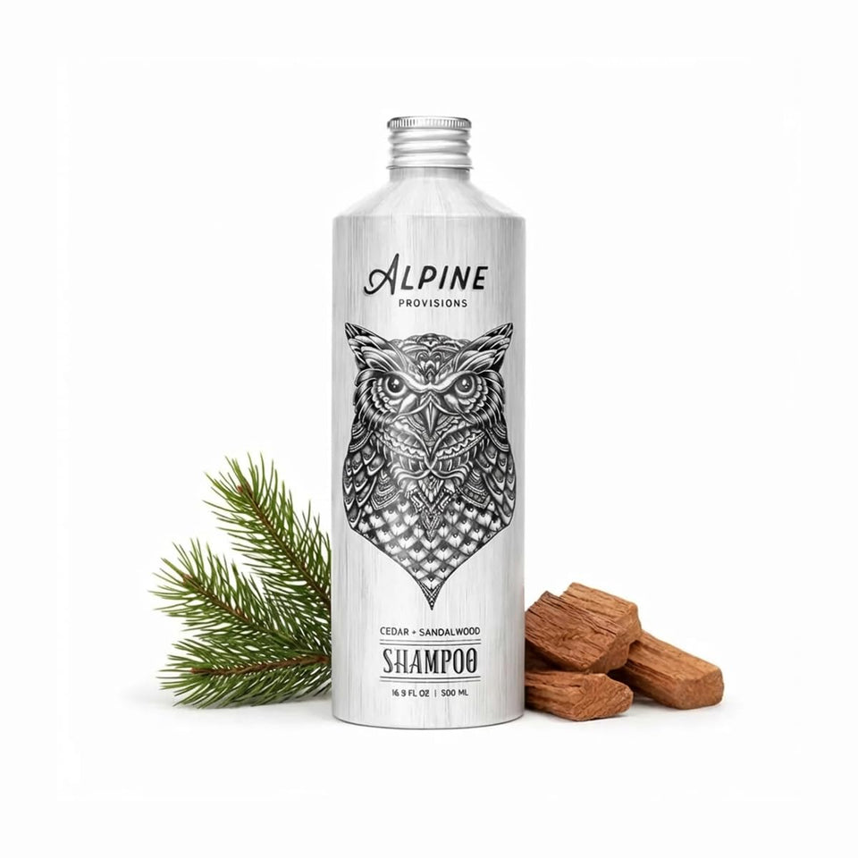Alpine Provisions front bottle showing eco packaging and cedar sandalwood label benefit