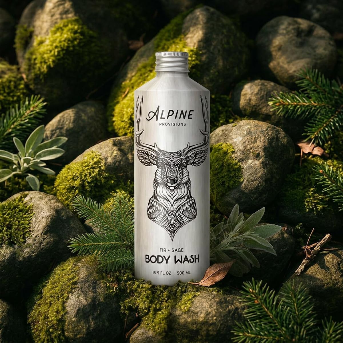 Alpine Provisions product in shower lifestyle creating a relaxing forest-like cleanse