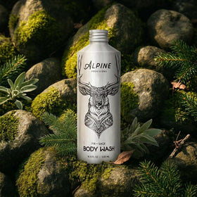 Alpine Provisions product in shower lifestyle creating a relaxing forest-like cleanse