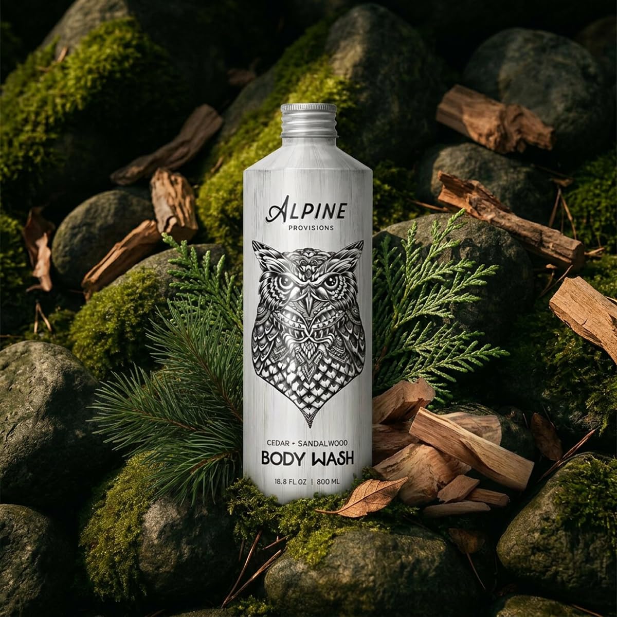 Alpine Provisions in shower lifestyle setting conveying calming woodsy scent experience