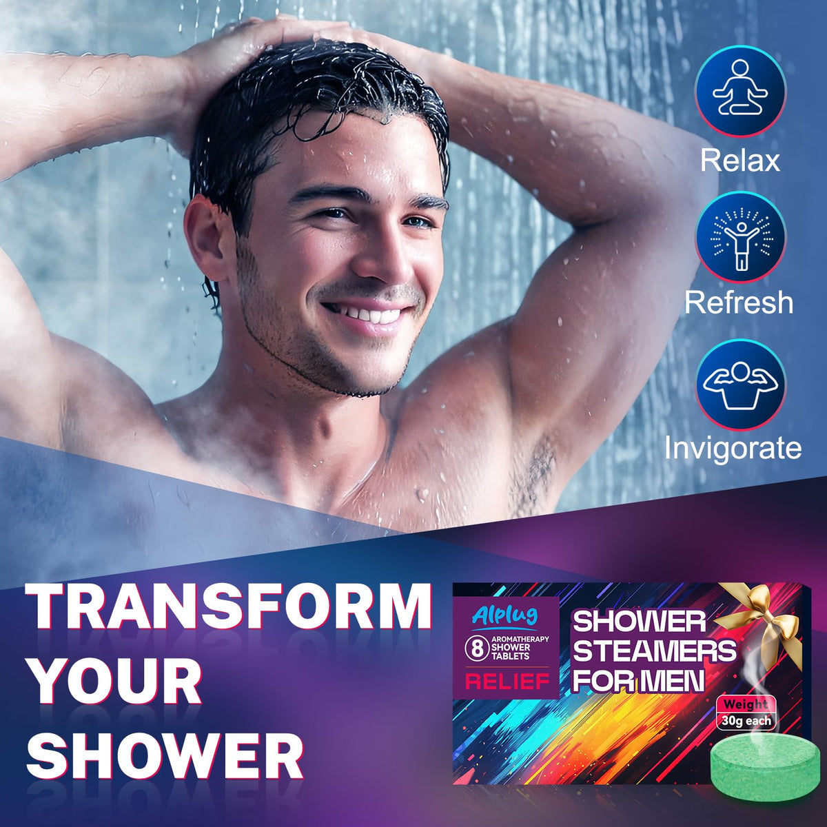 ALPLUG steamer in a working shower releasing steam and aroma to invigorate senses