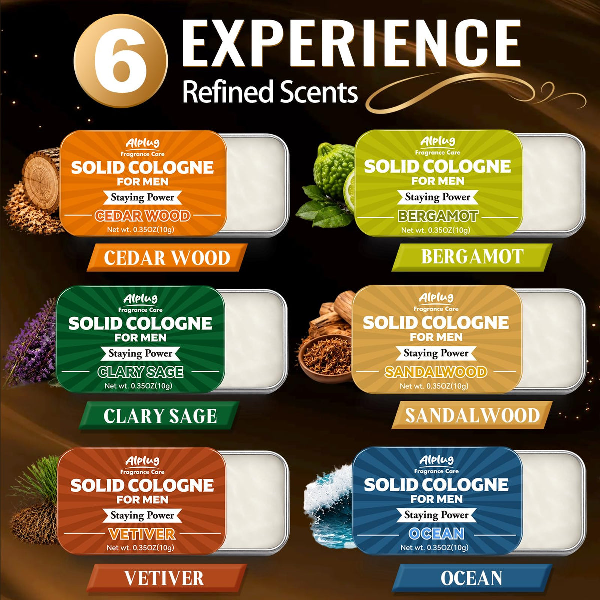 ALPLUG six tins arranged top view showing scent selection at a glance