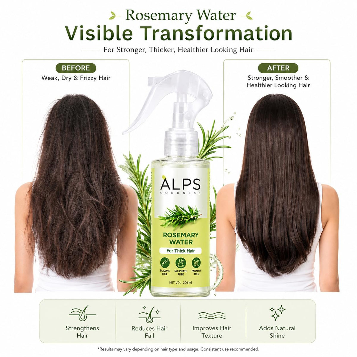 Alps Goodness applied to damp hair before styling to improve manageability