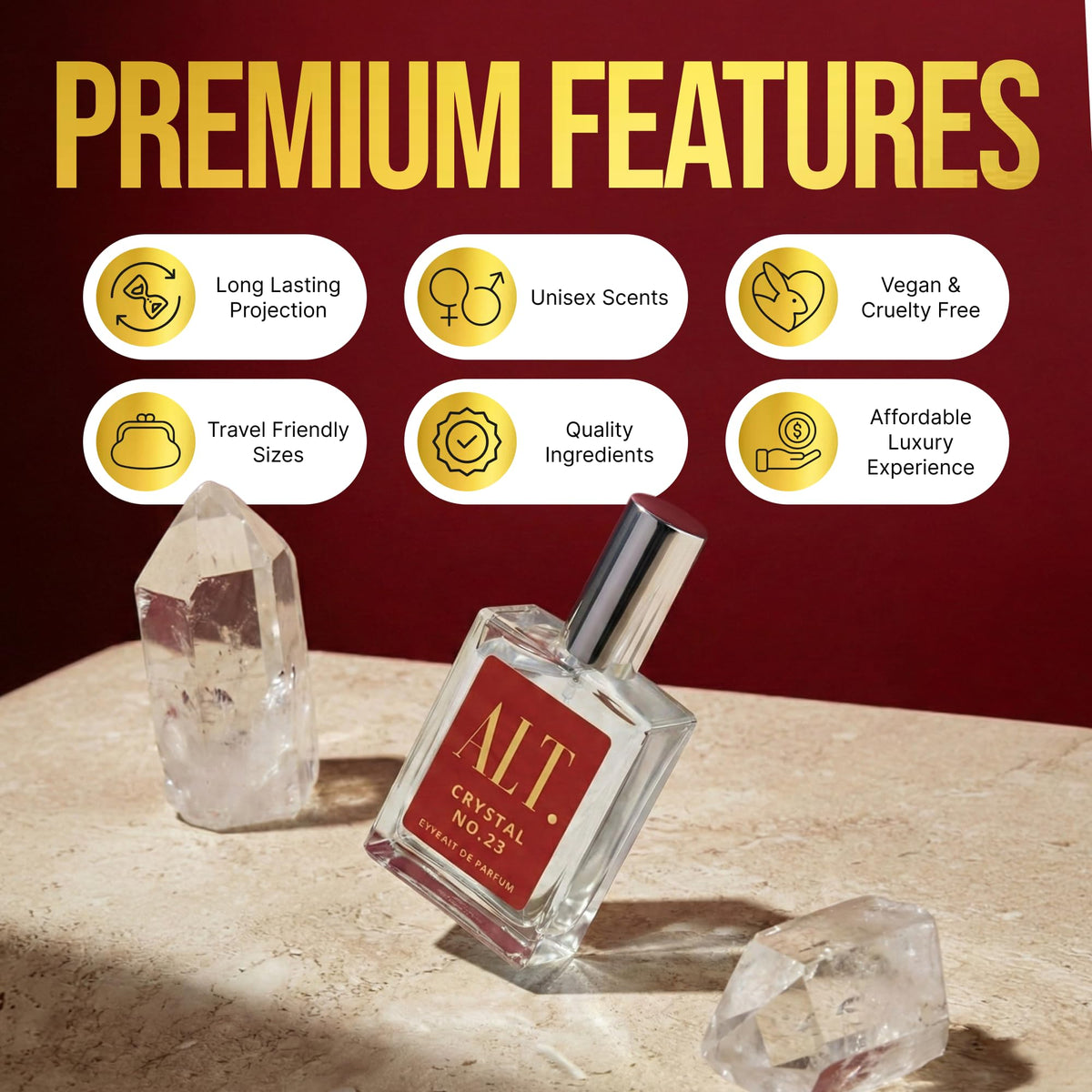 ALT. FRAGRANCES Crystal No. 23 next to ruler showing 100ml scale for size and value benefit