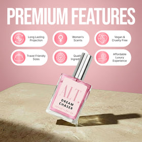 ALT. Fragrances Dream Chaser composition still life of bergamot lychee peony and cacao illustrating scent profile