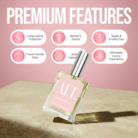 ALT. FRAGRANCES Duchess 60ml beside everyday items showing compact travel convenience