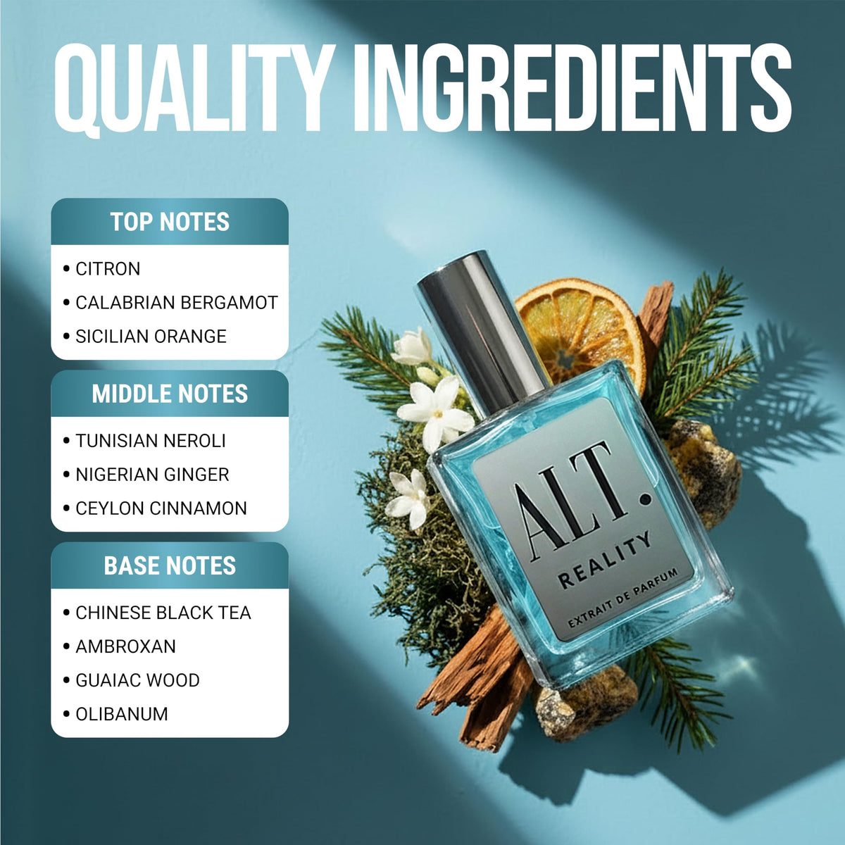 ALT. FRAGRANCES Reality 60ml bottle beside everyday items to show scale and suitcase friendliness