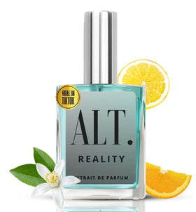 ALT. FRAGRANCES Reality front bottle showing sleek travel size and modern design benefits portability