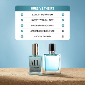 ALT. FRAGRANCES Reality bottle in travel pouch on table illustrating convenience for trips and touch-ups