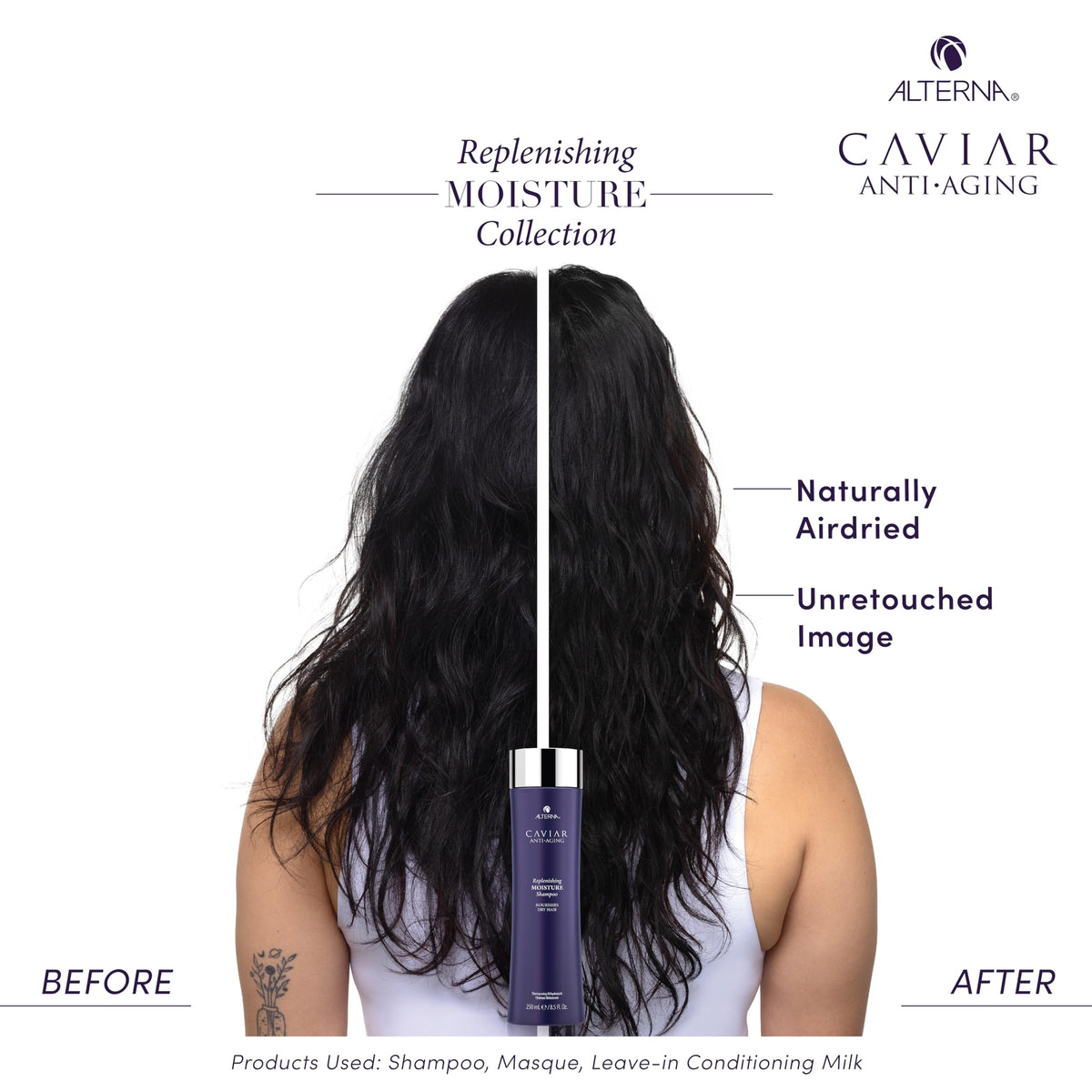 Alterna caviar before after hair comparison showing improved shine and softness