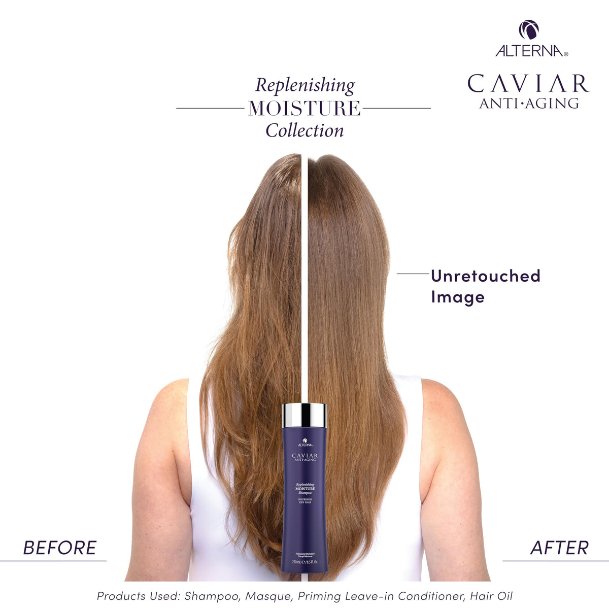 Alterna before and after hair result showing smoother shinier strands