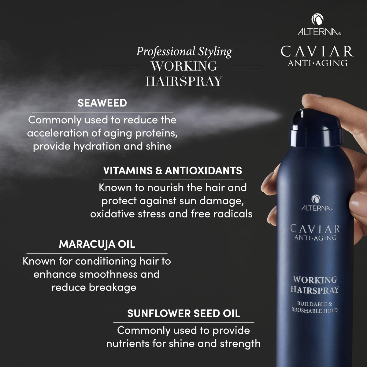 Alterna Caviar used on model showing brushable hold and smooth finish