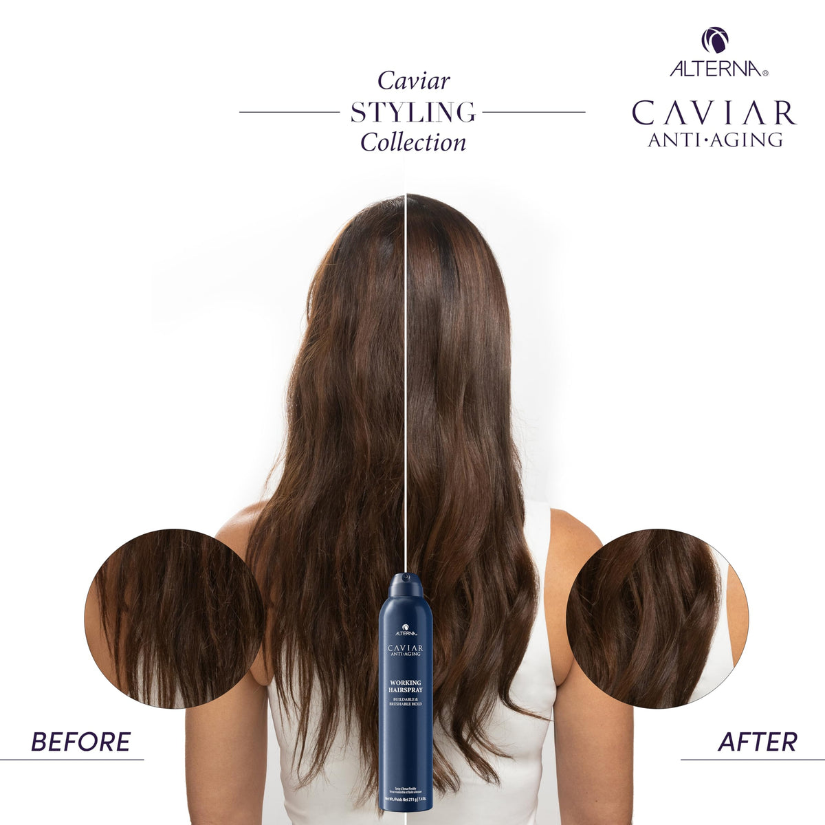 Alterna Caviar finish on hair showing shine and frizz control benefit