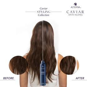 Alterna Caviar finish on hair showing shine and frizz control benefit
