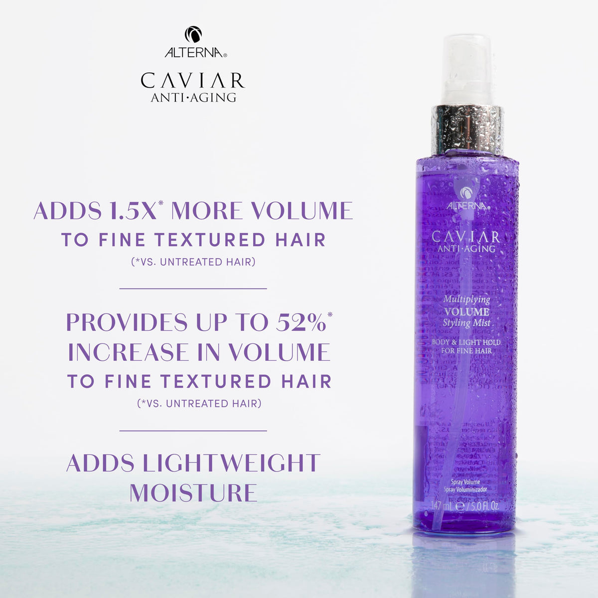 Alterna mist spray action illustrating even application for fuller hair