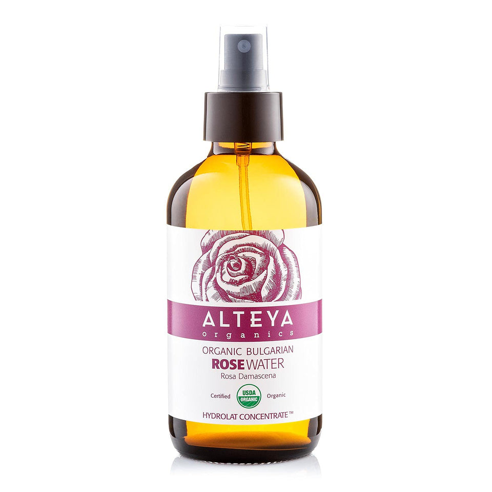 Alteya Organics amber bottle front showing label and organic certification benefits