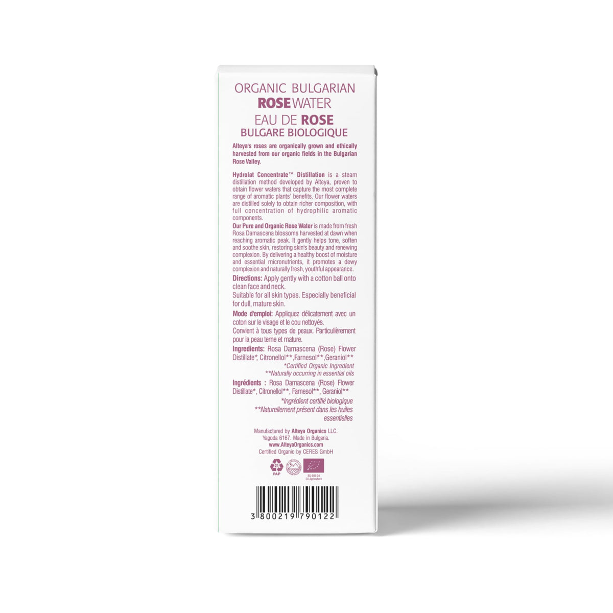Alteya Organics back label closeup showing ingredient and certification details