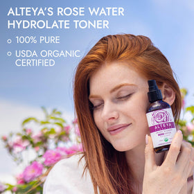 Alteya Organics bottle next to label close-up showing USDA organic traceability