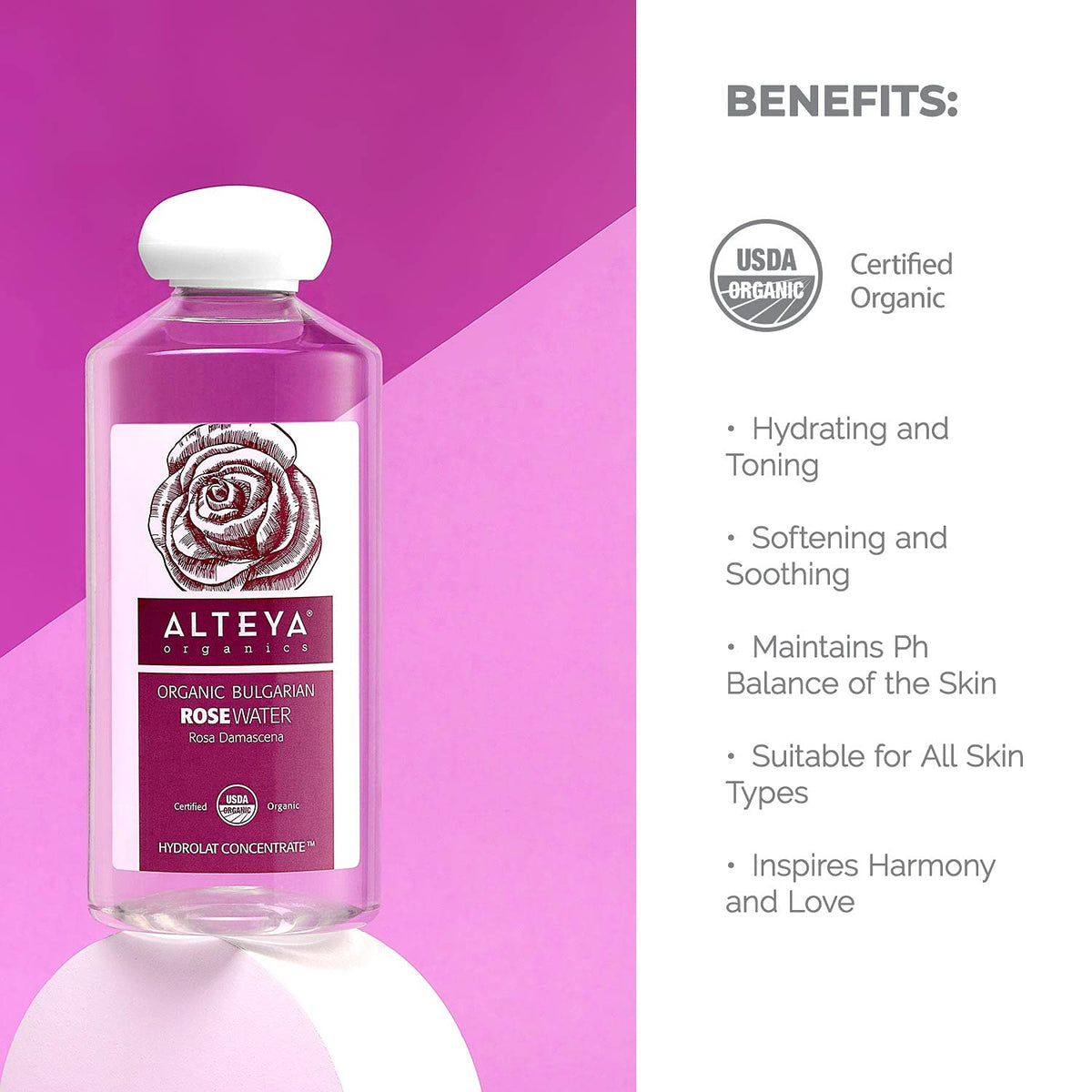 Alteya Organics 500ml bottle shown next to a common object for scale