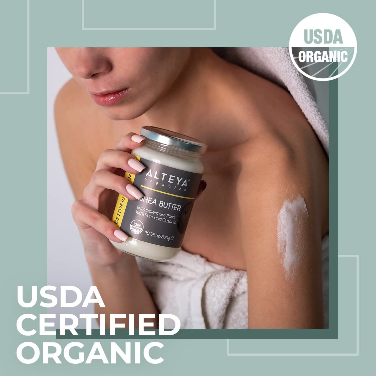 Alteya Organics jar in hands showing creamy application and moisturizing benefit