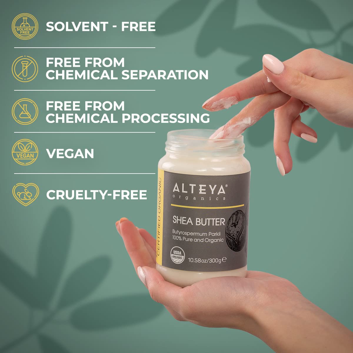 Alteya Organics shea butter on spoon demonstrating easy scoopability and dosing