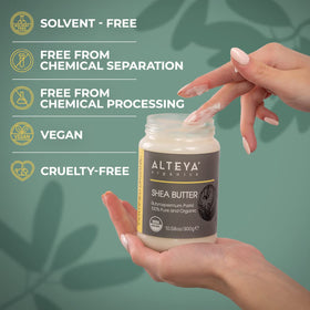 Alteya Organics shea butter on spoon demonstrating easy scoopability and dosing