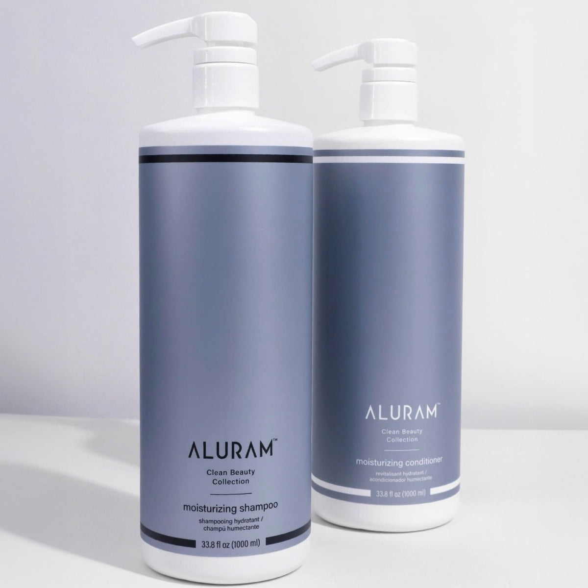ALURAM pump and label close-up highlighting clean ingredients and directions