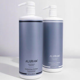 ALURAM pump and label close-up highlighting clean ingredients and directions