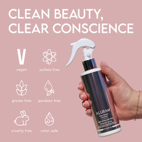 ALURAM 8 fl oz bottle next to hand illustrating compact travel size
