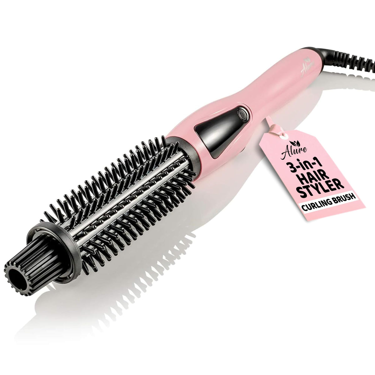 Alure front view of heated styling brush showing compact design and benefits