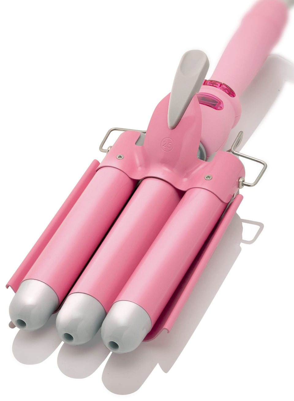 Alure front view of white pink triple-barrel wand showing sleek design and fast styling benefit