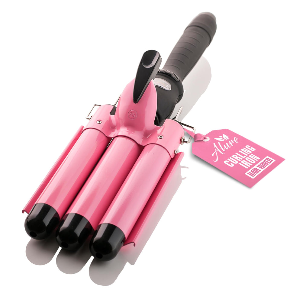 Alure front view of triple-barrel waver showing sleek profile and styling benefit