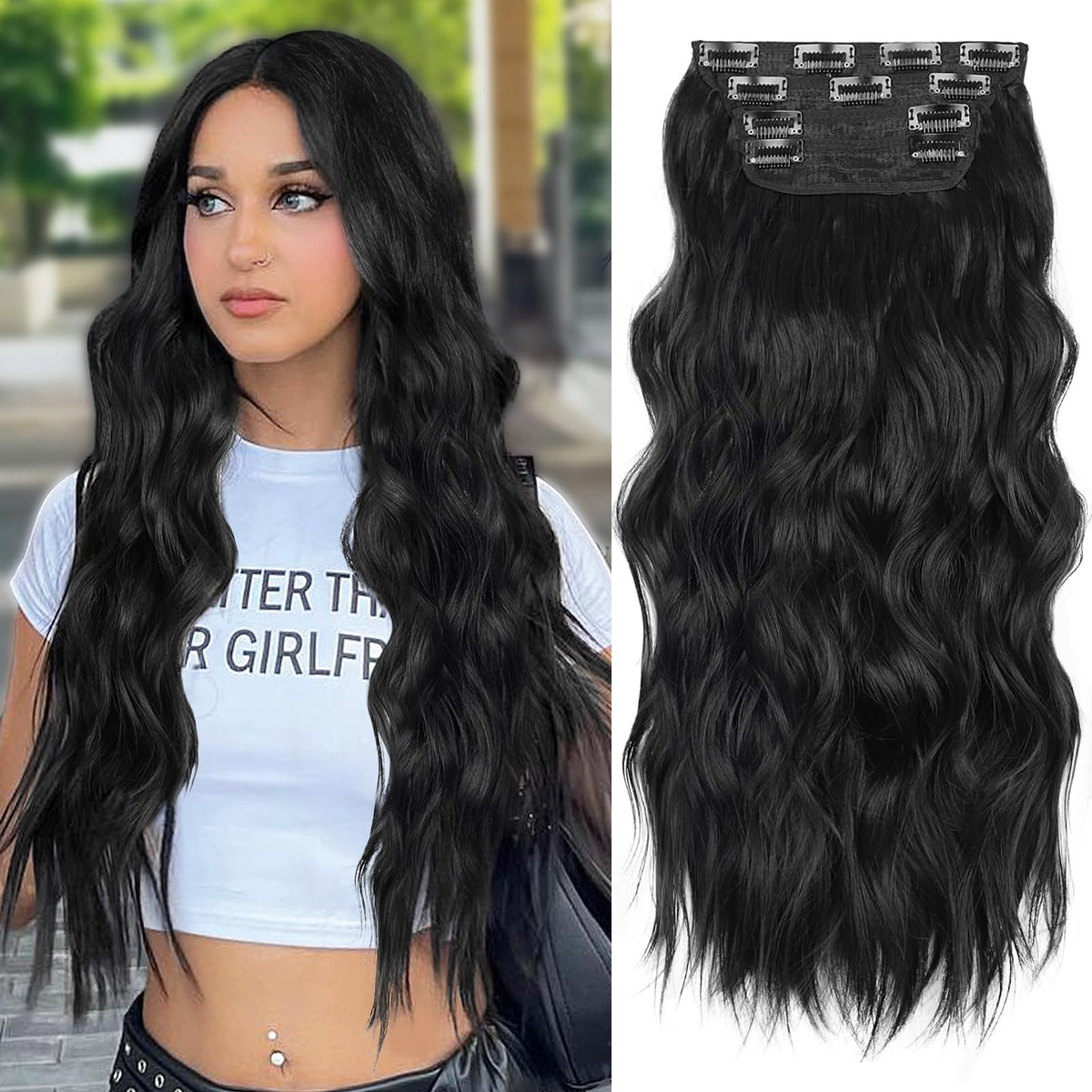 ALXNAN front view of 24-inch black clip-in extensions showing full set and packaging, instant volume