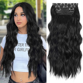 ALXNAN front view of 24-inch black clip-in extensions showing full set and packaging, instant volume