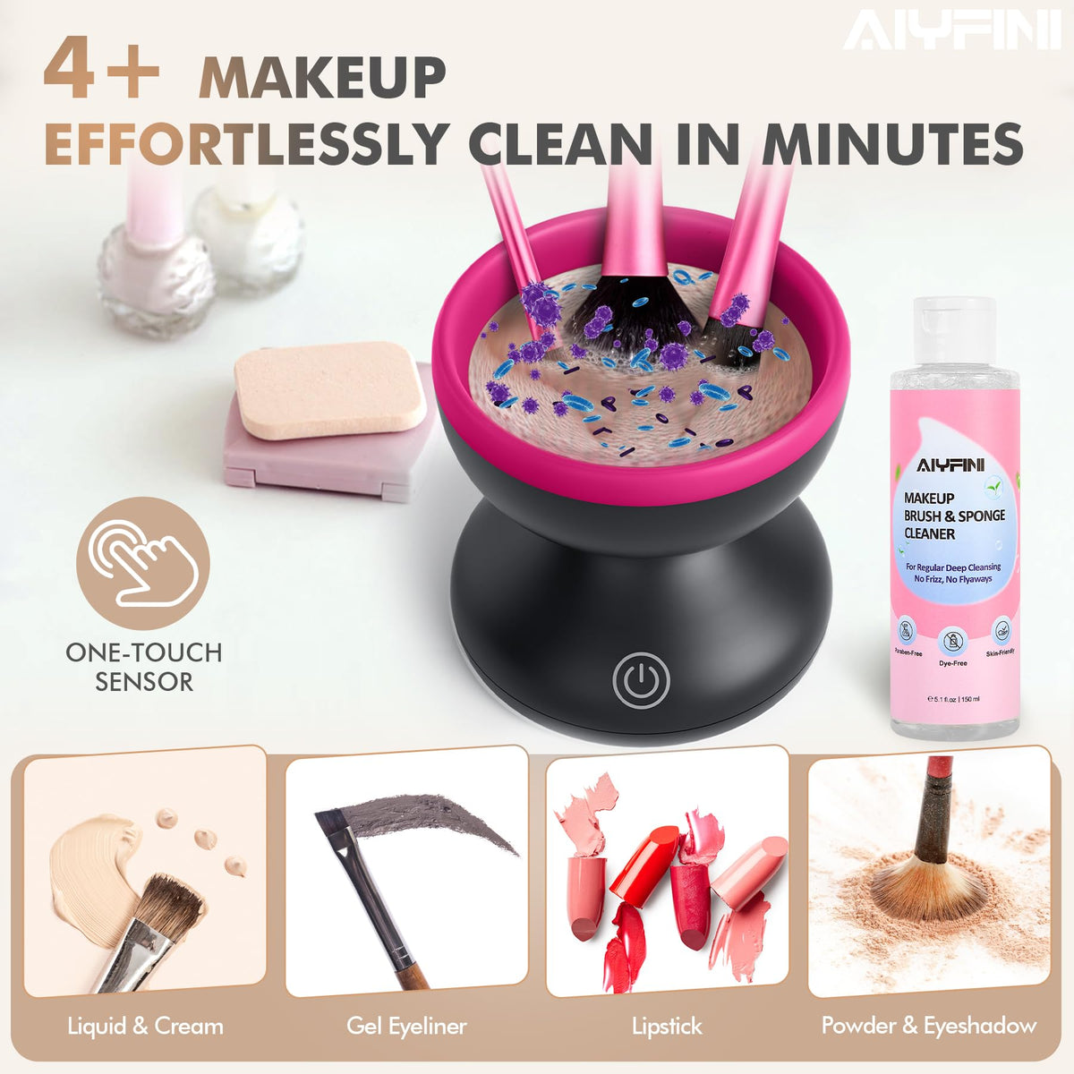 Alyfini in use cleaning a foundation brush quickly and effectively