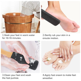 AM 8:00 pumice file next to moisturizer showing post-care for softer feet
