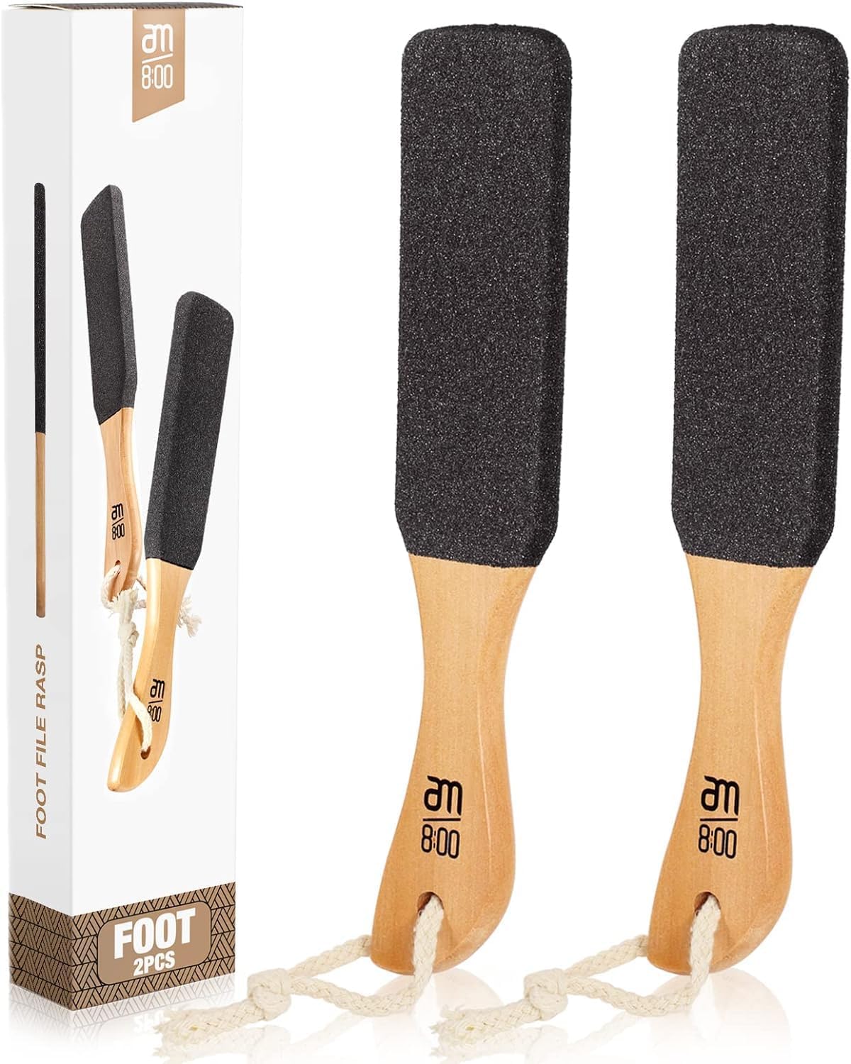 AM 8:00 front view of 2-pack pumice foot files showing neat packaging and value
