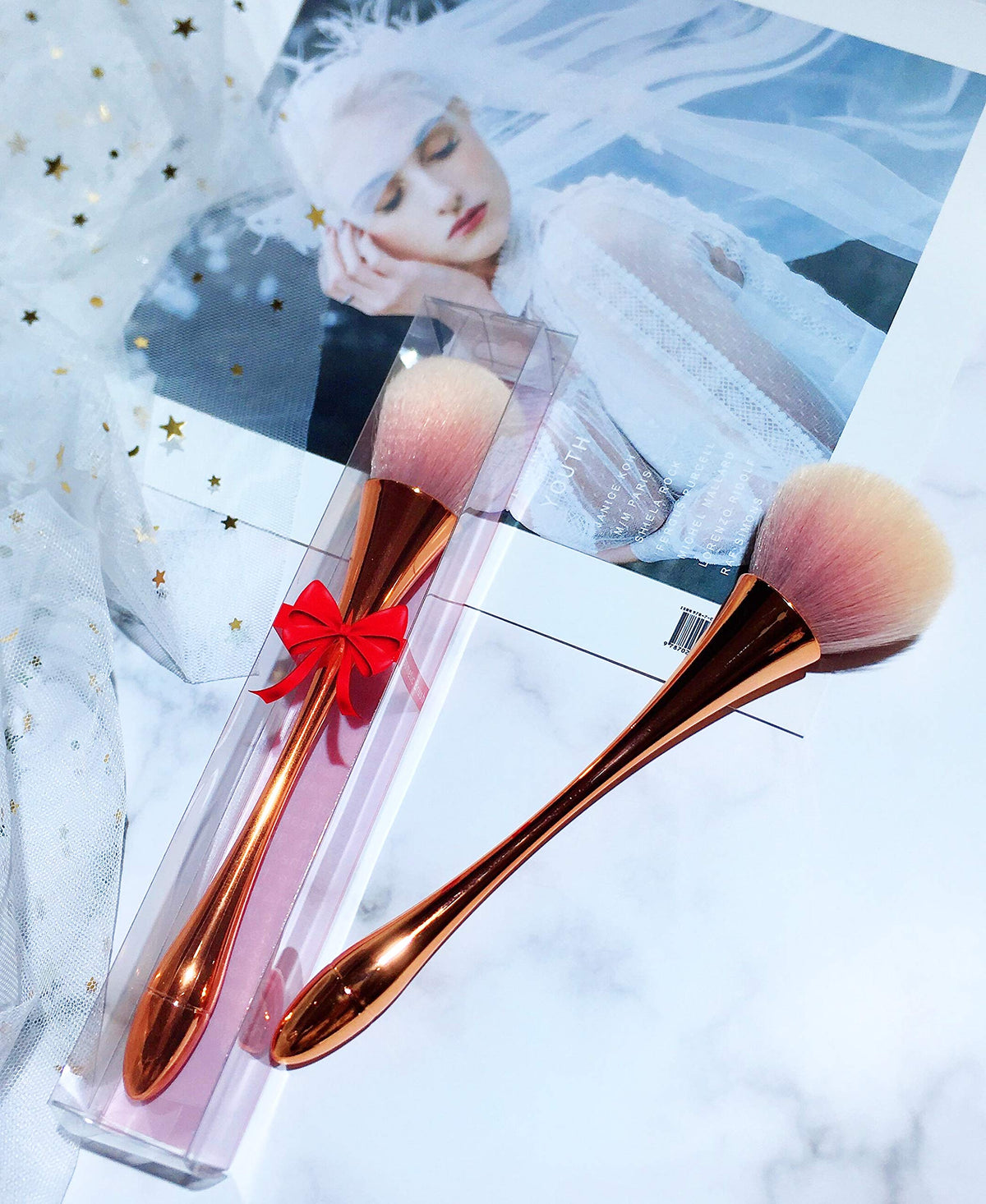 AM RONG MAGIC brush staged on vanity conveying everyday use and polished makeup setup