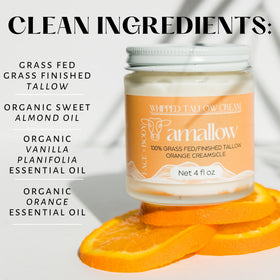 Close-up Amallow label listing grass-fed tallow and almond oil benefits