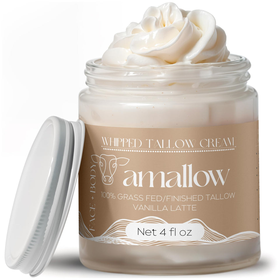 Amallow front jar showing vanilla latte label and natural moisturizer benefit