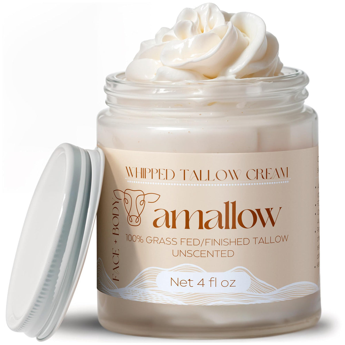 Amallow jar front label showing grass-fed tallow benefits and unscented formula