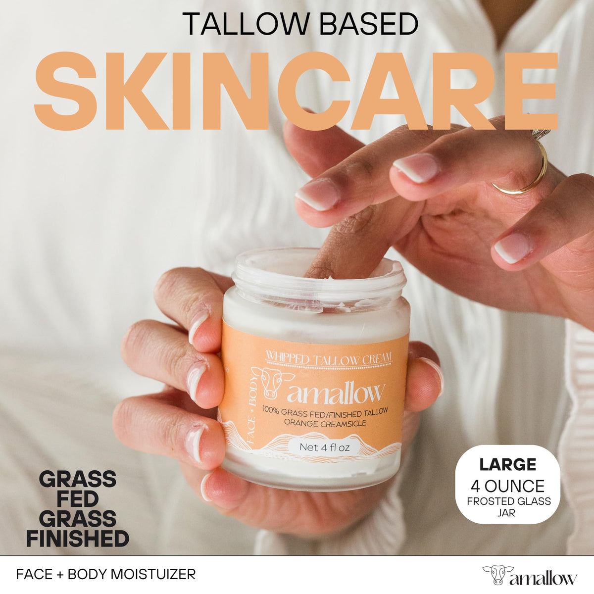 Open jar revealing whipped tallow texture from Amallow for easy spreadability